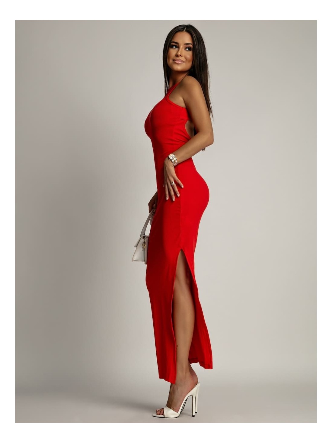 Fitted basic dress with a cutout on the back, coral FG669 - Online store - Boutique